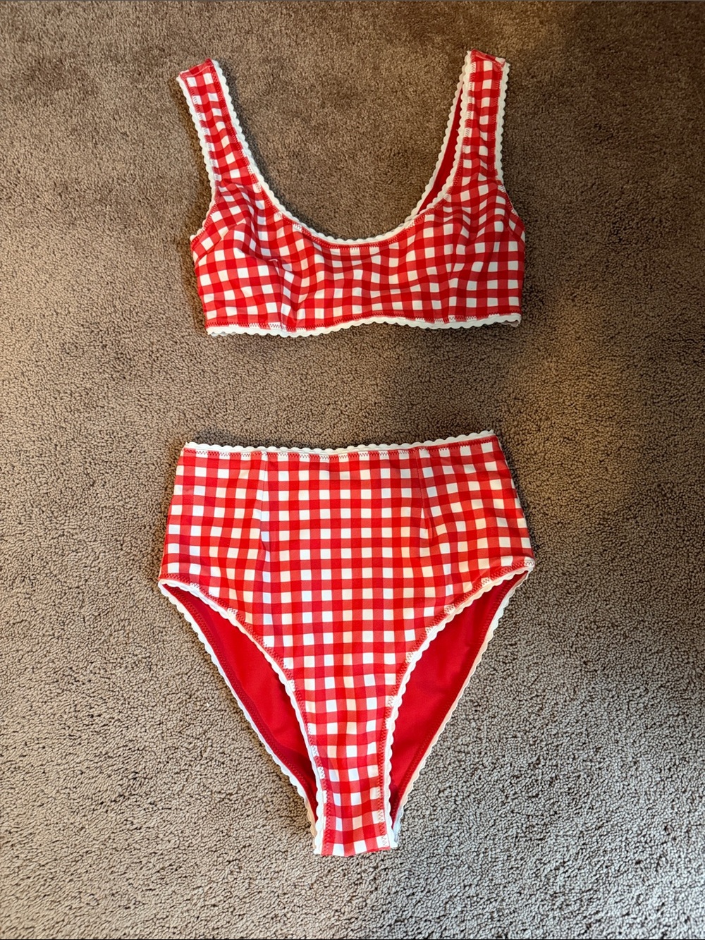 Anthropologie Red and White Gingham High-Waist Bikini
